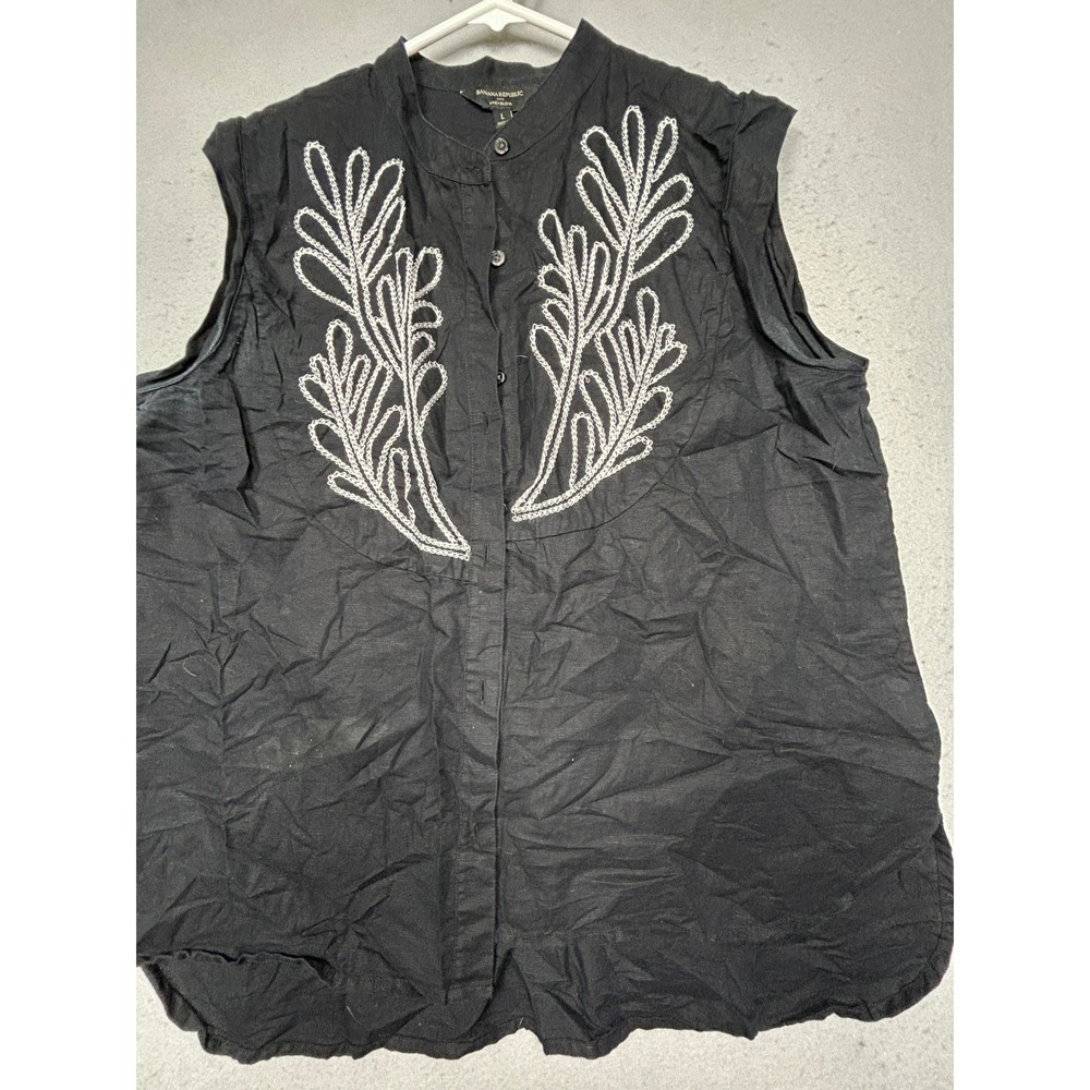 Banana Republic Sleeveless Top Cotton Linen Black Embroidered Large Womens